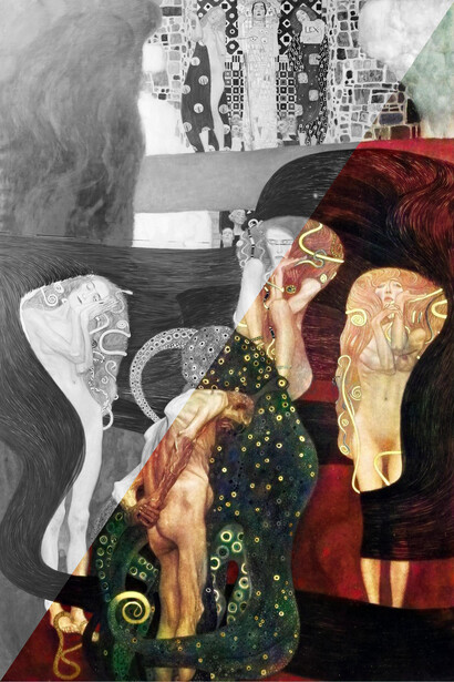 Gustav Klimt, Fakultätsbild „Die Jurisprudenz“, 1900-1907, historische Aufnahme im Vergleich zur Rekolorisierung (2021). Mit freundlicher Genehmigung des Unteren Belvedere