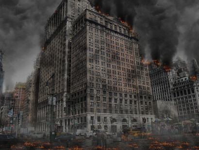 The relentless war ravages the land, leaving behind a haunting scene of absolute destruction, as if the world itself is on the brink of an apocalypse