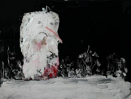 Neil Farber, A Man and HIs Garden, acrylic on birch panel, 18h x 24w in.
