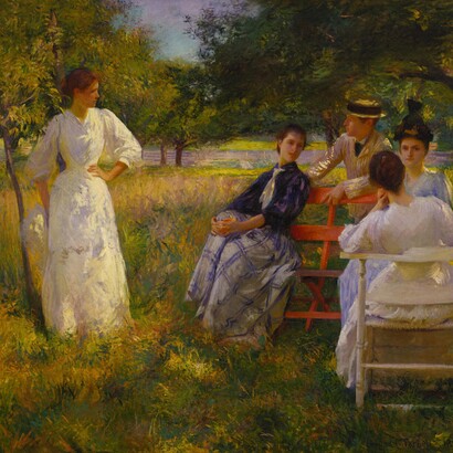 Edmund Charles Tarbell, En el huerto, 1891, (In the Orchard), Óleo sobre lienzo. 154,3 x 166,4 cm, Terra Foundation for American Art, Chicago, Daniel J. Terra Collection