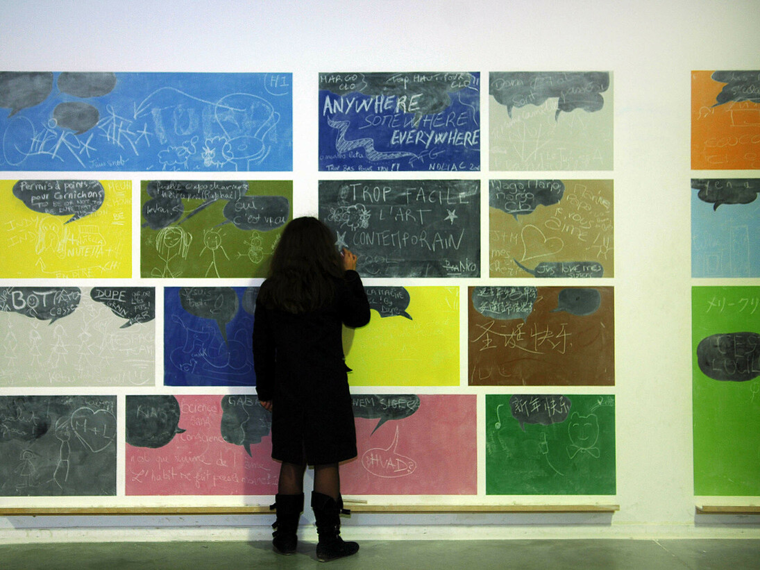 Rivane Neuenschawander, Joe Carioca and friends (The Return of the Three Caballeros) (2005), Wall paint, chalk, eraser, wood tray,
Dimensions variable, 8th Lyon Biennial, Lyon, France, Photo by Blaise Adilon, Collection Inhotim, Minas Gerais, Brazil