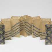 Kay Sekimachi, “Wave”, 1980. Woven book of linen, acrylic paint, and buckram (lining); double weave and warp-painting, 4 3/8 x 4 3/8 x 18 in. Gift of the artist, 2005.124