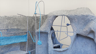 Detail of Roost, 2018. Steel, mesh, chicken wire, newspapers, glue, plaster, paint, 228 x 170 x 160 cm. Credit: Corey Bartle-Sanderson