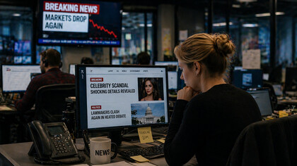A journalist surrounded by bold headlines and alerts, symbolising the constant demand for attention-grabbing stories