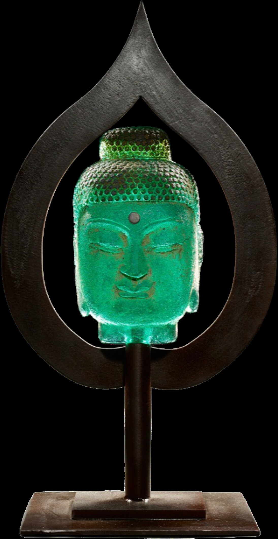 Marlene Rose, Aqua lotus Buddha, 2021, sand cast glass & steel, 28.50x12x10 inches