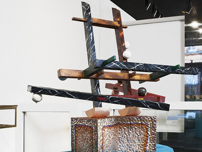 Coco Crampton, Bower, 2016, wood, mdf, glazed ceramic, copper, oil paint, 176 x 120 x 92 cm. Courtesy of Belmacz Gallery