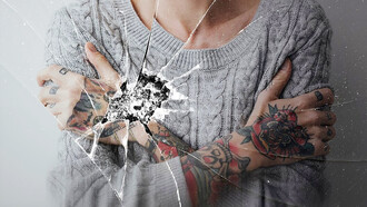 A background featuring a cracked glass effect with a woman expressing depression, anger issues
