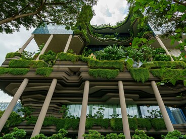 Vertical gardens at Parkroyal Collection Pickering in Singapore, reflecting innovative material and landscape strategies for climate adaptation