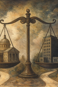 An artistic depiction of the balance between state power and market forces, symbolizing the tension within modern society’s political and economic systems