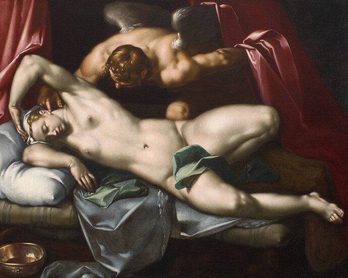 Abraham Bloemaert (1566-1651), Cupidon visitant Psyché la Nuit | Amor besucht Psyche in der Nacht | Cupid visiting Psyche at Night, vers | um | c. 1590, huile sur toile | Öl auf Leinwand | oil on canvas, 152,3 x 197,5 cm, 
Collection MNHA | MNHA Sammlung | MNHA collection© : MNHA | Tom Lucas