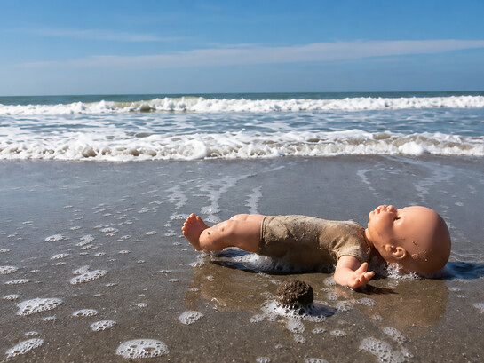 A child’s toy abandoned by the sea, symbolizing the dangers faced by migrant families crossing the Mediterranean