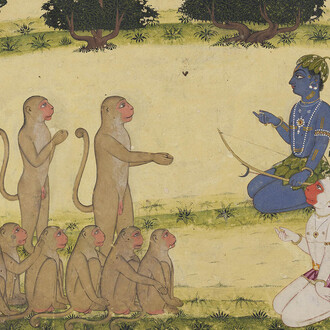 Pandit Seu of Guler, Dadhimukha tells Rama, Lakshmana, and Sugriva of the destruction of Madhuvana, Folio from the “small Guler Ramayana series”, c. 1720. Avec l’aimable autorisation du Musée Rietberg
