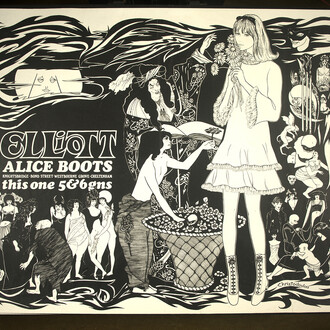 Poster advertising ladies boots manufactured by T Elliot & Sons, incorporating a pastiche of designs after Aubrey Beardsley, Artist: Unknown, Date: 1960s © Victoria and Albert Museum, London
