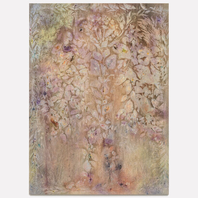 Sam Falls, The Brute Choir, 2023, pigment on canvas, 89x65 inches (226.1x165.1 cm). Courtesy of the artist and 303 Gallery, NYC
