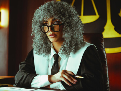 A judge in traditional attire carefully studying a confidential dossier at the courtroom desk