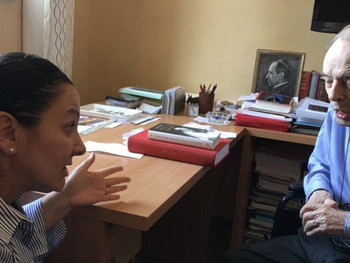 Brenda Lee Bohen interviewing Father Peter Gumpel, summer 2019