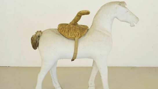 Birgit Jürgenssen, Untitled (Horse), 1974, Papier maché, hair, tulle, velvet cushion, 61 x 65 x 16 cm, 24 1/8 x 25 5/8 x 6 1/4 ins