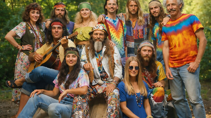 A collective portrait of the hippie movement, where fashion becomes identity—flowing silhouettes, handcrafted details, and psychedelic color express a shared commitment to freedom, community, and resistance to conformity