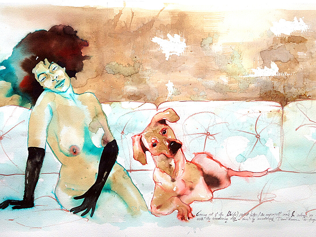 Demi Kaia, Sitting on a sofa with the curious dog, ink & pencil on paper, 75 x 115 cm