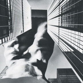 Francesco Somaini, Carnificazione di un'architettura: martirio. Grande edificio per servizi pubblici costituente immagine antropomorfica emergente, 1975-1976, fotomontaggio, 800 x 800 mm Archivio Francesco Somaini. Courtesy of La Triennale di Milano