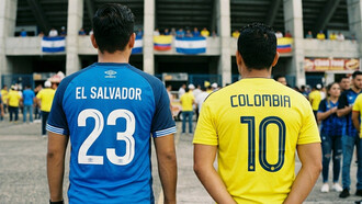 Supporters wearing El Salvador and Colombia national team jerseys outside a stadium, representing the often-overlooked bond between two nations connected by culture, business, and admiration