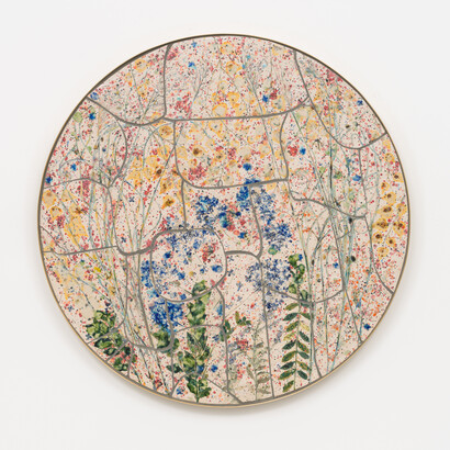 Sam Falls, Overmountain, 2023, quartz, glass, and glazed ceramic, brass frame, 49 3/4 inches (126.4 cm) diameter, 2 inches (5.1 cm) depth. Courtesy of the artist and 303 Gallery, NYC

