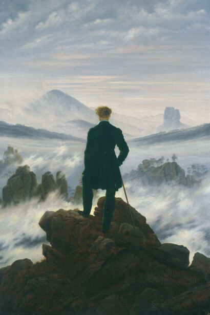Caspar David Friedrich, Wanderer above the sea of fog. (Wanderer Above the Sea of Fog) oil on canvas 1818. This is a quintessential work of German Romanticism. It depicts a lone figure, seen from behind, standing on a rocky precipice overlooking a vast, misty landscape. The painting is renowned for its evocative portrayal of nature's sublime power and the introspective nature of the human experience