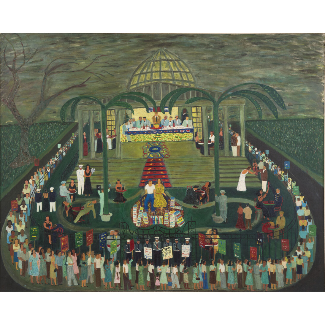 Ralph Fasanella, McCarthy Era Garden Party, 1954, oil on canvas, Andrew Edlin Gallery, New York and the Estate of Ralph Fasanella. © 1954, Estate of Ralph Fasanella