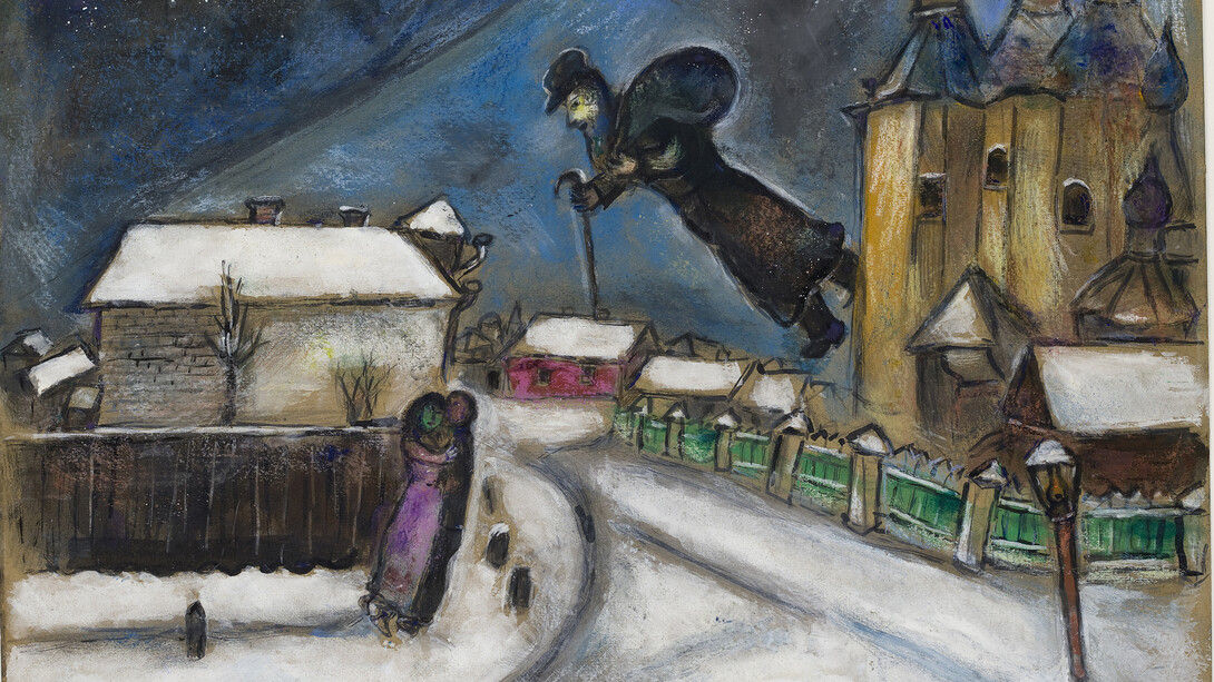 Marc Chagall, Sopra Vicebsk, Gouache, grafite, e matita colorata su cartone, 51,5 x 64,3 cm, Lascito Anna Salzmann, Parigi, allo Stato di Israele, In prestito permanente dall'Amministratore generale dello Stato di Israele, © Chagall ® by SIAE 2015