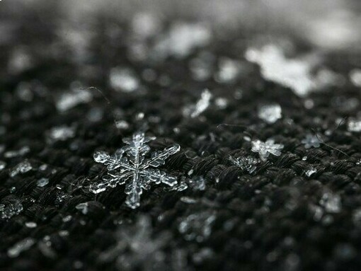 A delicate, six-pointed snowflake with intricate crystalline patterns rests on a textured dark surface, showcasing the unique beauty and fleeting nature of winter's icy formations