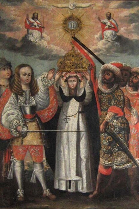 Anónimo, La defensa de la eucaristía con Santa Rosa, s. XVIII. Cortesía del Museo Pedro de Osma