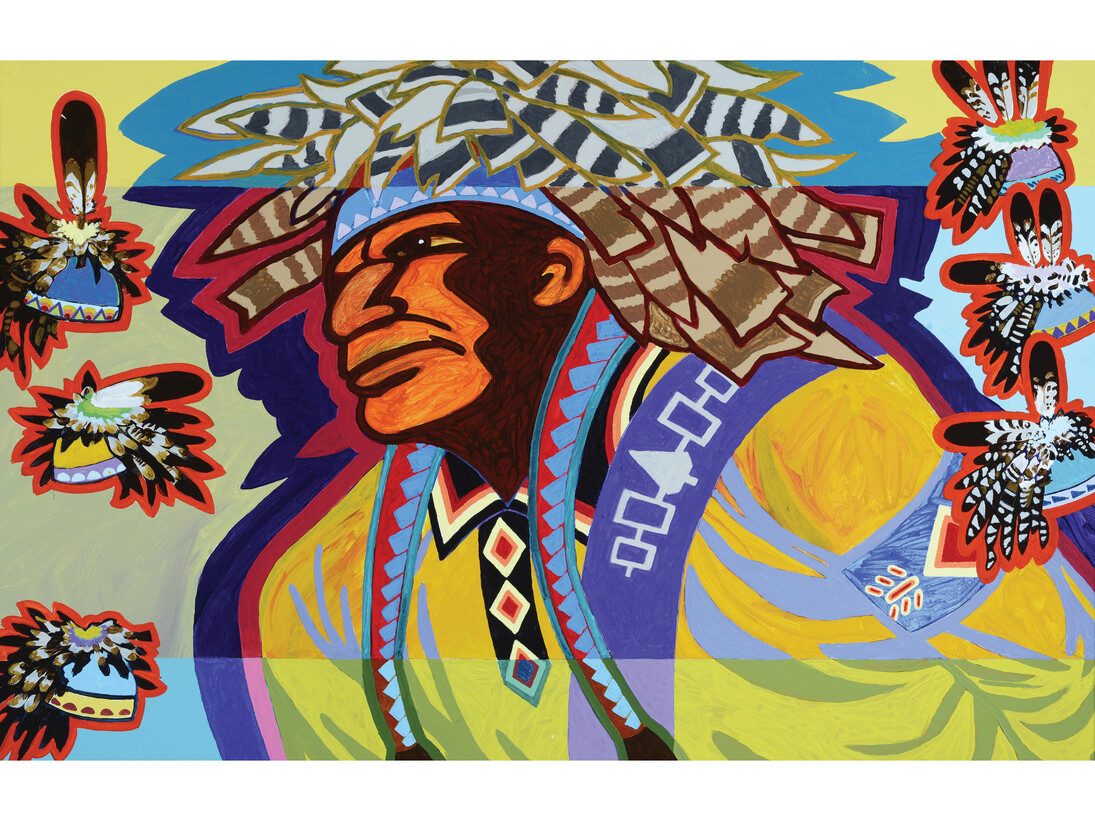 Carson Waterman, Seneca, Man with Gustowets, Acrylic on canvas