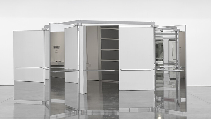 Carsten Höller, Revolving Doors, 2004-2016, Five mirrored three-winged revolving glass doors, aluminum, polypropylene panels, 219 11/16 × 219 11/16 × 89 3/4 inches (558 × 558 × 228 cm). Artwork © Carsten Höller. Photo by Rob McKeever. Courtesy Gagosian