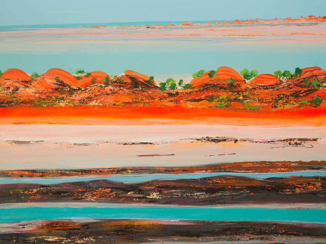 Rhapsody in Color-Krim Benterrak, Crab Creek Way, Broome – Tide Out, Acrylic on Canvas, 39.5" x 39.5"