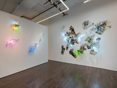 Installation view of Judy Pfaff: Light years (Cristin Tierney Gallery, New York, October 17 - December 20, 2025). Photograph by Adam Reich. Courtesy the artist and Cristin Tierney Gallery, New York