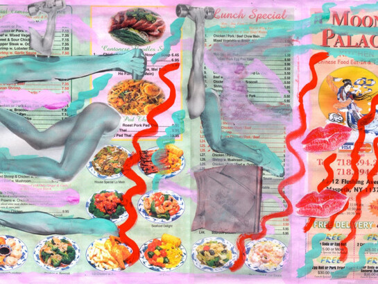 Jennifer Sullivan, Moon Palace (Menu Painting), 2015, Gouache and collage on menu, 11 x 17 inches