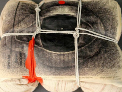 The Pillow and the Eye', Dmiri Prigov, Pillow, ink and acrylic on Newspaper, image courtesy of Prigov Foundation (Cologne)