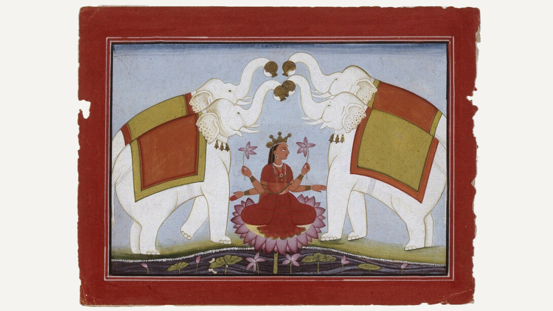 Indian
Punjab Hills, Pahari
Four Elephants Pouring Water on Lakshmi
1790–1800
Gouache on paper
5 ¾ x 8 ½ in. (14.6 x 21.6 cm)
Sidney and Lois Eskenazi Museum of Art, Gift of George Bickford in honor of Herman B Wells