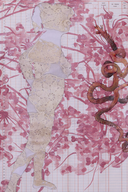 Study for Woman Staring Down Long Annelid Parasite of History, (2018/19) Latex, collage, ink & acrylic on ledger page 55 x 41 cm. Photo credit: Annalee Davis (Detail)