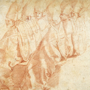 Raphael, properly Raffaello Sanzio or Santi (Urbino 1483 – 1520 Rome); Eight seated Bishops, c. 1516; red chalk, 26.1 × 31.8 cm. State Academy Collection / Sammlung der Kunstakademie (NRW)