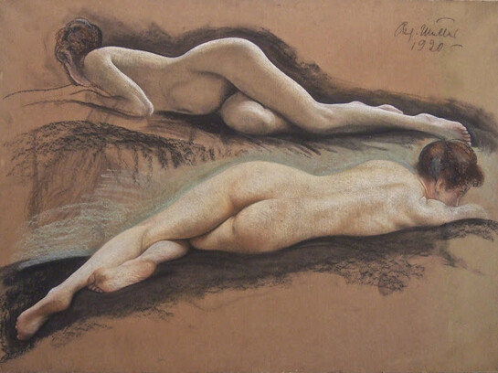 Richard Müller, Nudi di ragazze sdraiate, pastello su cartone, 1920