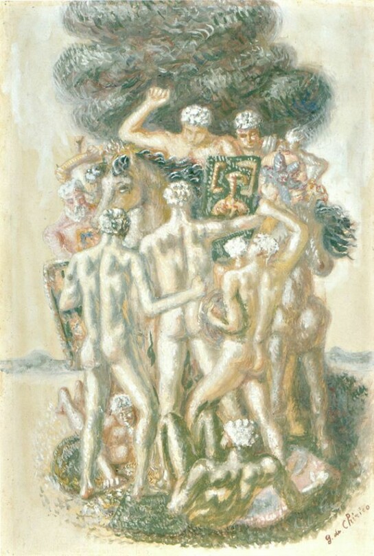 Giorgio de Chirico (1888-1978), Fight of Horsemen and Infantrymen, 1928, Tempera on paper, 48.5 x 32.8 cm, Private collection. Courtesy Galleria d’Arte Maggiore, Bologna (Italy)