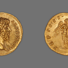 Roman, minted in Rome, Aureus (Coin) Portraying Emperor Lucius Verus, December A.D. 163/December A.D. 164, issued by Marcus Aurelius and Lucius Verus
