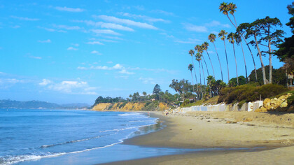 The Butterfly Beach in Montecito, California, USA, offers stunning sunset views and relaxing beach walks. Celebrity sightings are common and the beach's shoreline is ideal for swimming and surfing