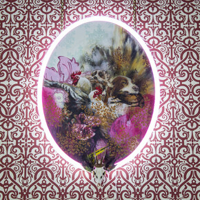 Tristram Aver, Waiting for Master, 2014, 125 x 88 cm (actual variable), oil, acrylic, collage, spray paint, canvas, taxidermy and pink and white LED neon