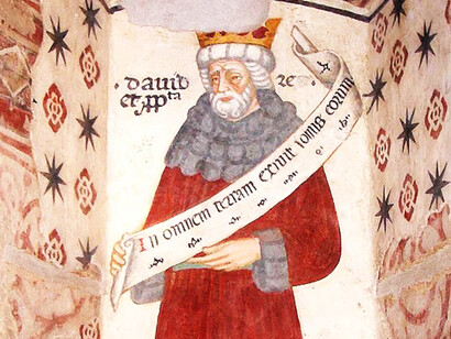 Re Davide, particolare degli affreschi dell'abside della chiesa, Pieve di S.Maria, Volpedo, Tortona, Italia