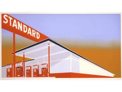 Ed Ruscha, Standard Station, Mocha Standard, Cheese Mold Standard with Olive, and Double Standard, 1969, Four screenprints on wove paper, 25 3/4 x 50 inches, 65.4 x 127 cm. © Ed Ruscha. Courtesy Gagosian Gallery. Photography by Robert McKeever