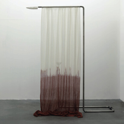 Margaux Bricler, Sêma, Sôma, 2020, stainless steel, lead, cotton gauze, wine, iron oxide, 210x165x45 cm