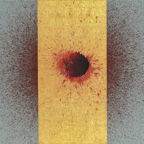 Imran Qureshi, This Leprous Brightness, 2015, Emulsion, acrylic paint and gold leaf on canvas, 137,2 x 198,1 cm (54 x 78 in), Courtesy Galerie Thaddaeus Ropac Paris/Salzburg. Photo: Usman Javed