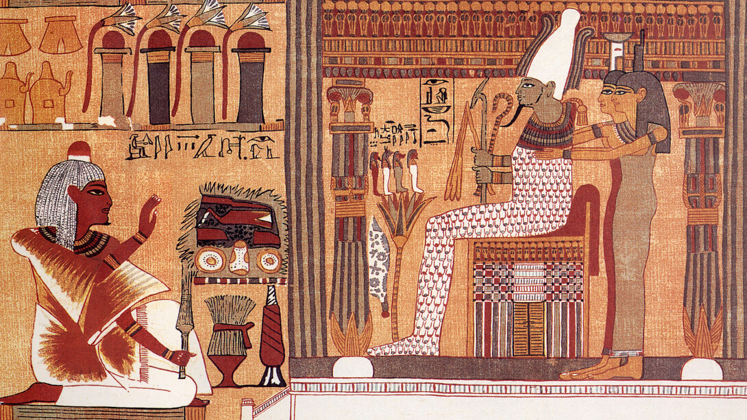 Facsímil de una viñeta del Libro de los Muertos de Ani. El difunto Ani se arrodilla ante Osiris, juez de los muertos. Detrás de Osiris se encuentran sus hermanas Isis y Neftis, y frente a él hay un loto sobre el que descansan los cuatro hijos de Horus